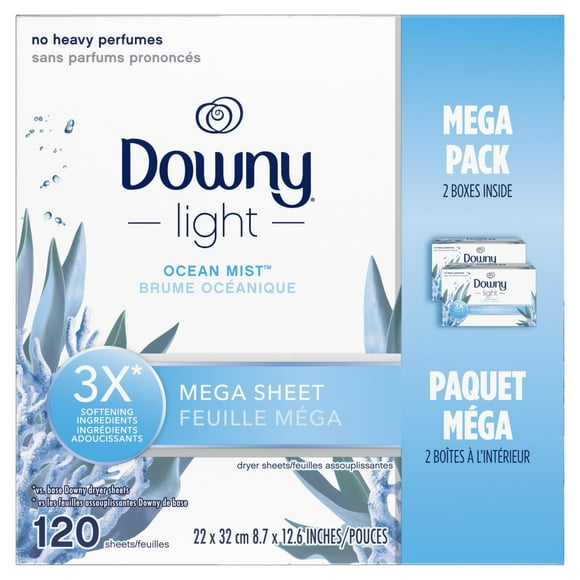 Pack of 2 Downy Light Mega Dryer Sheets, Fabric Softener Dryer Sheets, Ocean Mist, 120 Count