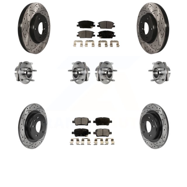Transit Auto Front Rear Hub Bearings Assembly Coated Disc Brake Rotors and Semi-Metallic Pads Kit (10Pc) for Car 2017-2019 Buick LaCrosse AWD with 16" Factory Wheels - Left Right Side KBB-123819