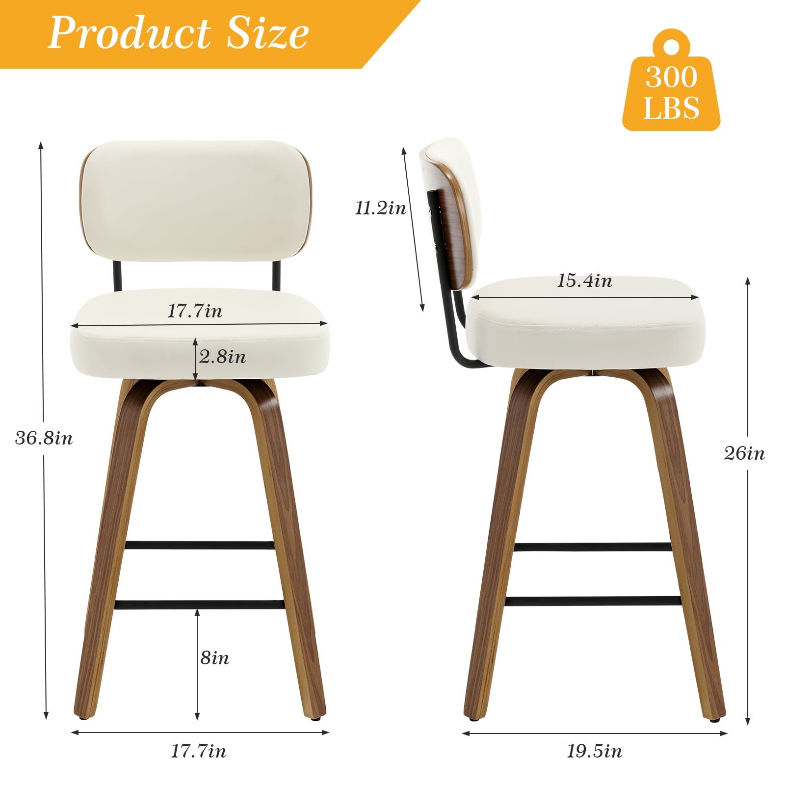 Swivel Counter Height Bar Stools, Set of 2, 26" Upholstered PU Leather Barstools with Back Wood Legs, Mid Century Modern Bar Chair Island Stool for Kitchen Counter, Cream White