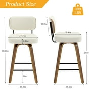 Swivel Counter Height Bar Stools, Set of 2, 26 Upholstered PU Leather Barstools with Back Wood Legs, Mid Century Modern Bar Chair Island Stool for Kitchen Counter, Cream White