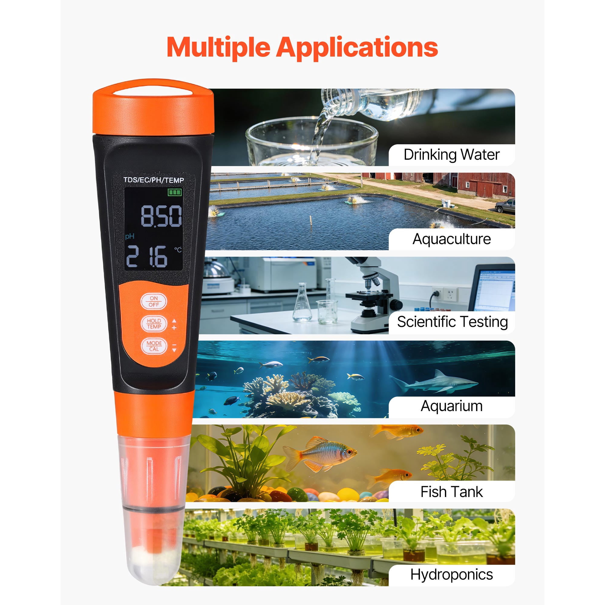 KFFKFF Portable pH Meter with Multi-Parameter Measurement, Accurate pH/EC/TDS Testing, Waterproof IP68 Probe, Compact Tester Kit with Calibration Powders, VA Display, Ideal for Water Quality Analysis