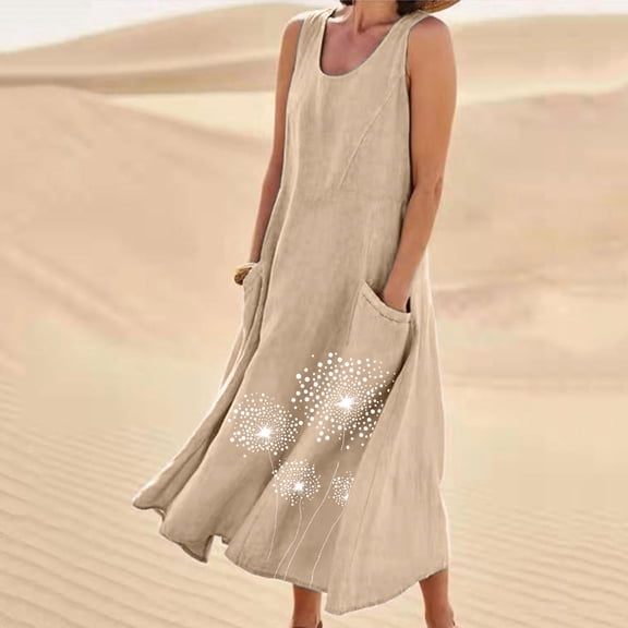 Njagoc3 Womens Sleeveless Solid Embroidered Flowy Midi Dress for Casual Outings & Garden Parties
