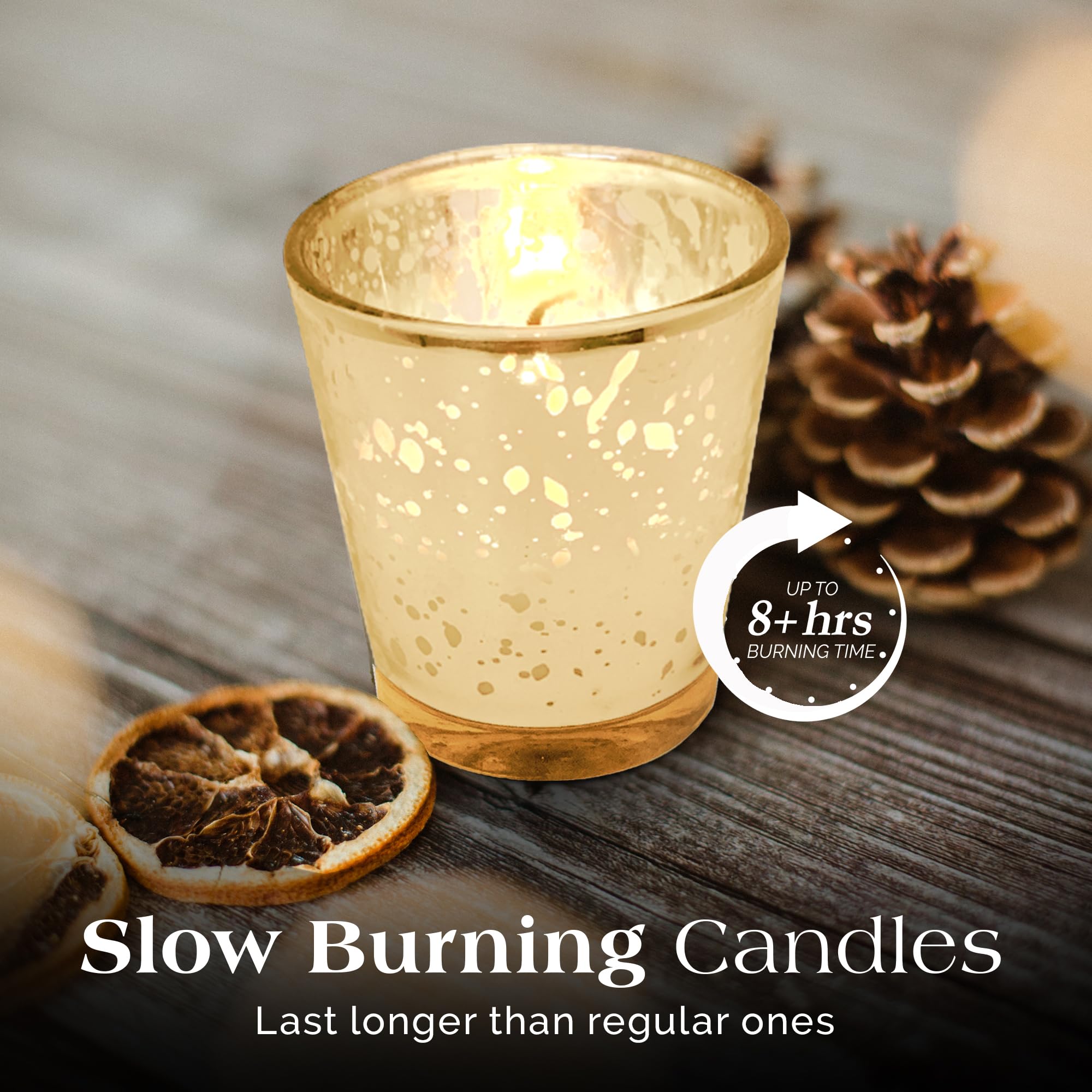 SLS SUPPLY FLORA - Mercury Glass Votive Candle Set of 72 - Small Candles in Candle Jars Decorative Candles for Wedding Favors Gifts or Home Decor Soy Wax 8-10 Hour Burn Time - Gold
