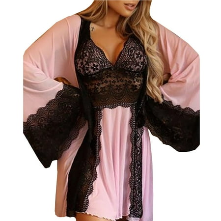 Rewenti Lace Babydoll Pajamas Bath Robe Long Sleeve Bathrobe Lingerie Nightwear S-3XL Pink S(S)