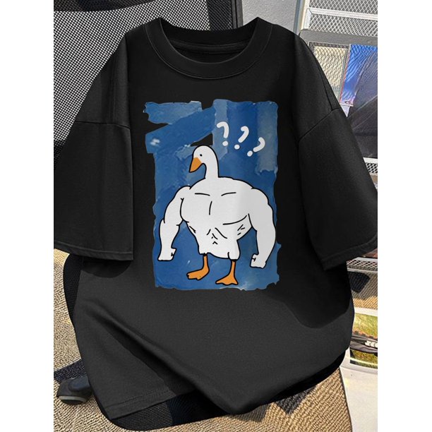 Cartoon Muscle Goose Print Cotton T-Shirt, Casual Crew Neck Short Sleeve Top for Men and Women, Breathable Summer Tee with Stretch Fabri, Casual Sporty Tee, Summer Gifts