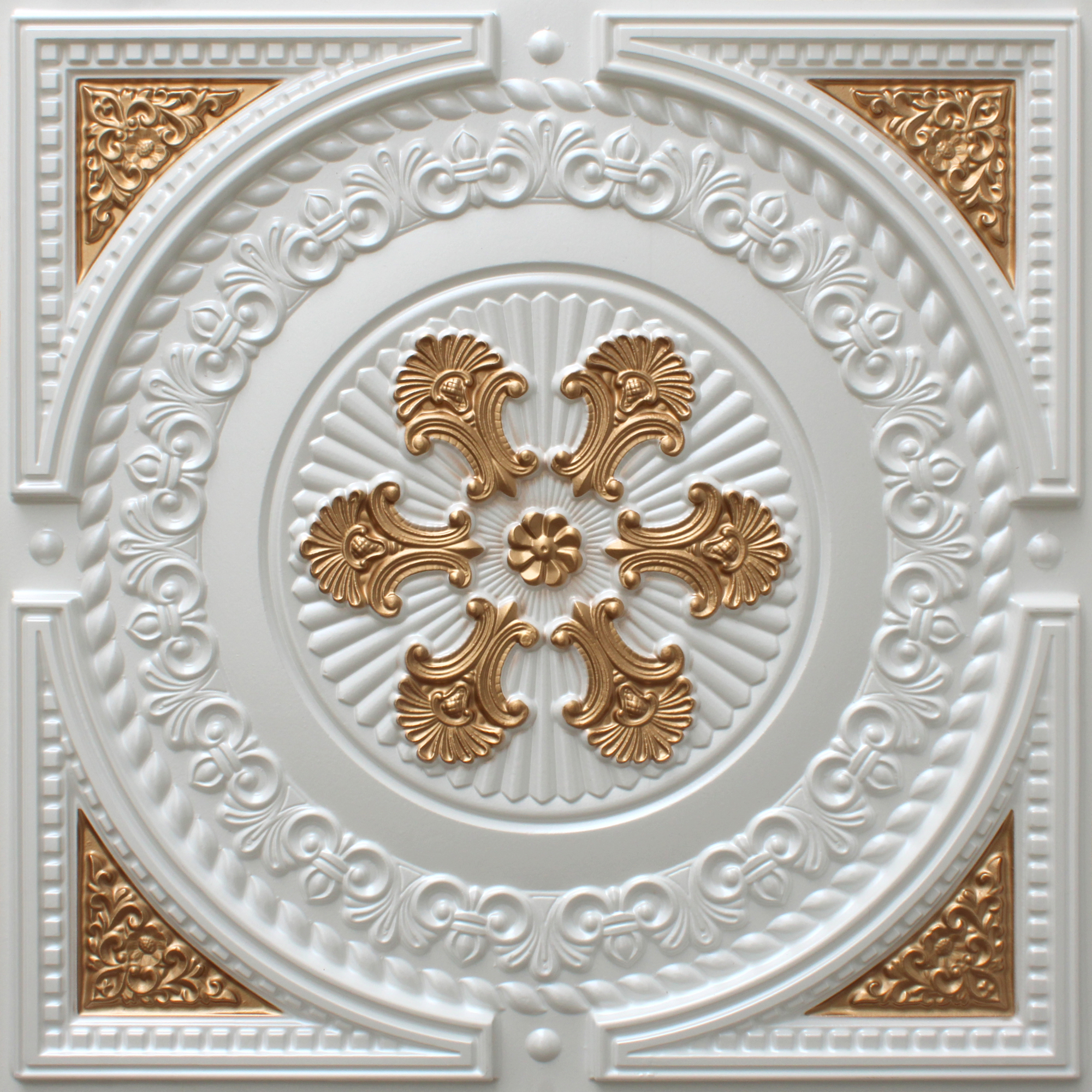 Dundee Deco's Contemporary Pearl White-Gold Damask Glue Up/Drop In Ceiling Panels, 2 ft. X 2 ft. (4 sq ft.) each