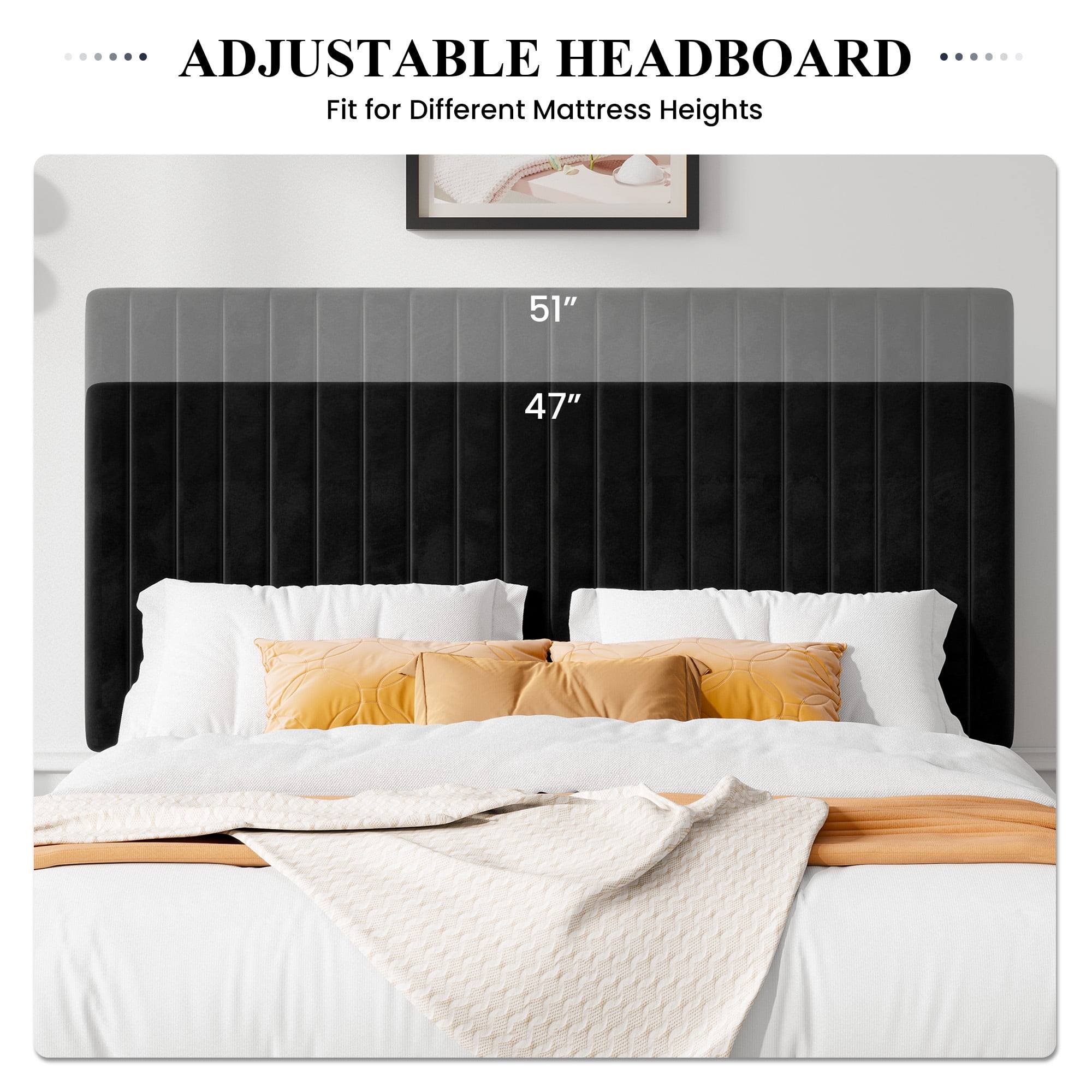 Allewie Full Size Velvet Upholstered Platform Bed Frame with Adjustable Vertical Channel Tufted Headboard, Black