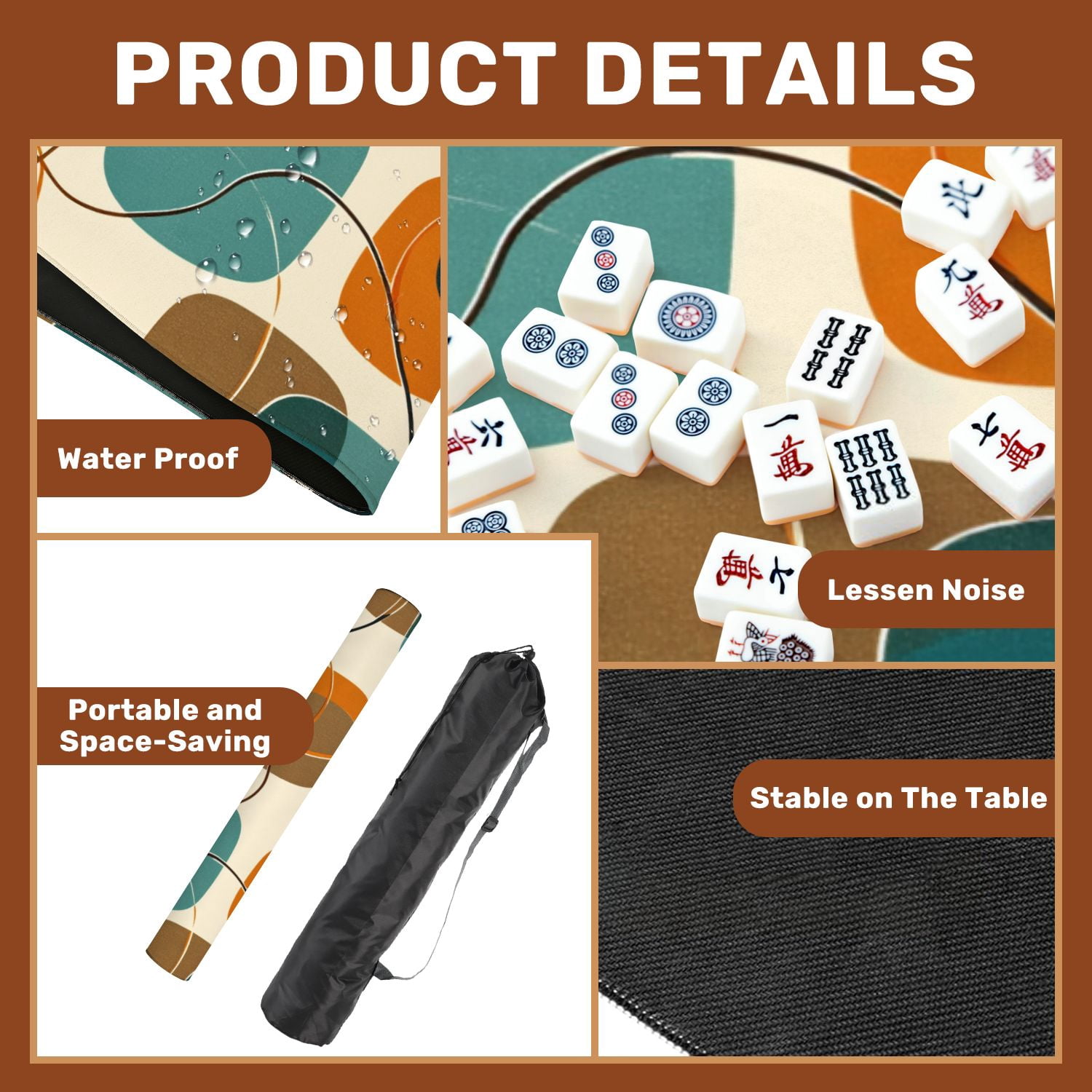 Mahjong Mat 31.5" x 31.5" Abstract Mid Century Modern Geometric Retro Shapes Teal Orange Beige Non-Slip Noise Reduction American Mahjong Tiles Table Cover for Dominoes Poker Card Board Games Gift