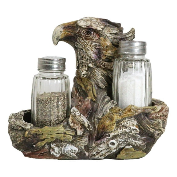 Faux Wooden American Bald Sea Eagle Glass Salt and Pepper Shakers Holder Set