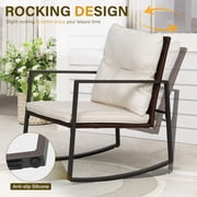 SOLAURA 3-Piece Outdoor Rocking Chairs Set with Table Patio Brown Wicker Bistro Set for Garden, Backyards and Pools, Beige Cushions