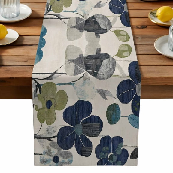 Navy Blue Green Floral Cotton Linen Table Runner for Dining Kitchen, Vintage Botanical Leaves Wedding Outdoor Party Tablerunners Decoration, Dresser Scarf Coffee Tablecloth Runners 13x120 Inches
