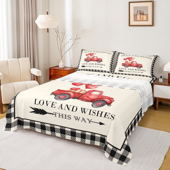 Homewish Cartoon Christmas Truck Full Size Sheets, Love Heart Ballon Bed Sheets, Romantic Valentines Day Sheet Sets, Ultra Soft Bedroom Decor, 4 Pieces