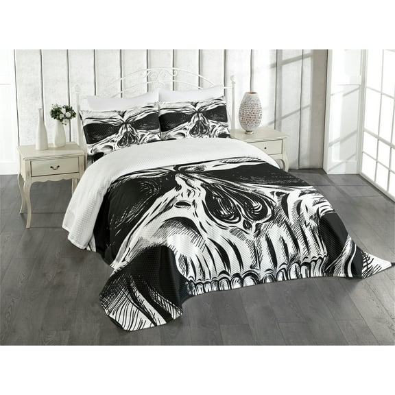 Ambesonne Skull Quilted Bedspread Set 3 Pcs, Gothic Sketch Evil Face, Queen Size, Black White