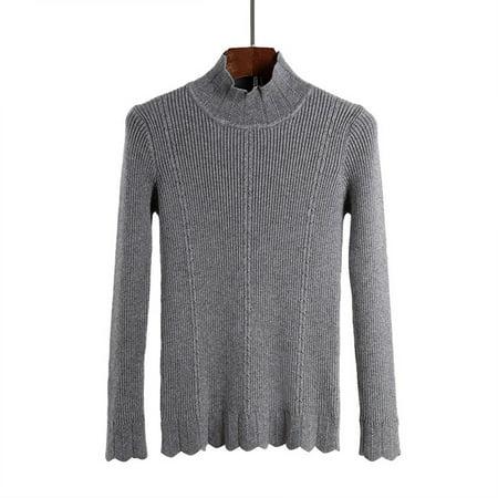 New Women Knit Sweater Pullover Jumper Turtleneck Long Sleeve Scallop Hem Rib Knitwear Tops