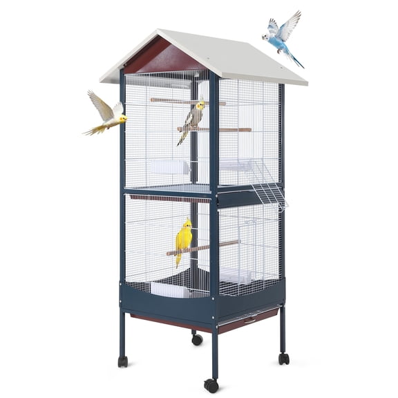 66" Extra Large Bird Cage with Rolling Stand, Metal Parrot Cage Detachable Stand Slide-Out Tray Multi-Door for Parakeet Cockatiel Budgie, Blue White