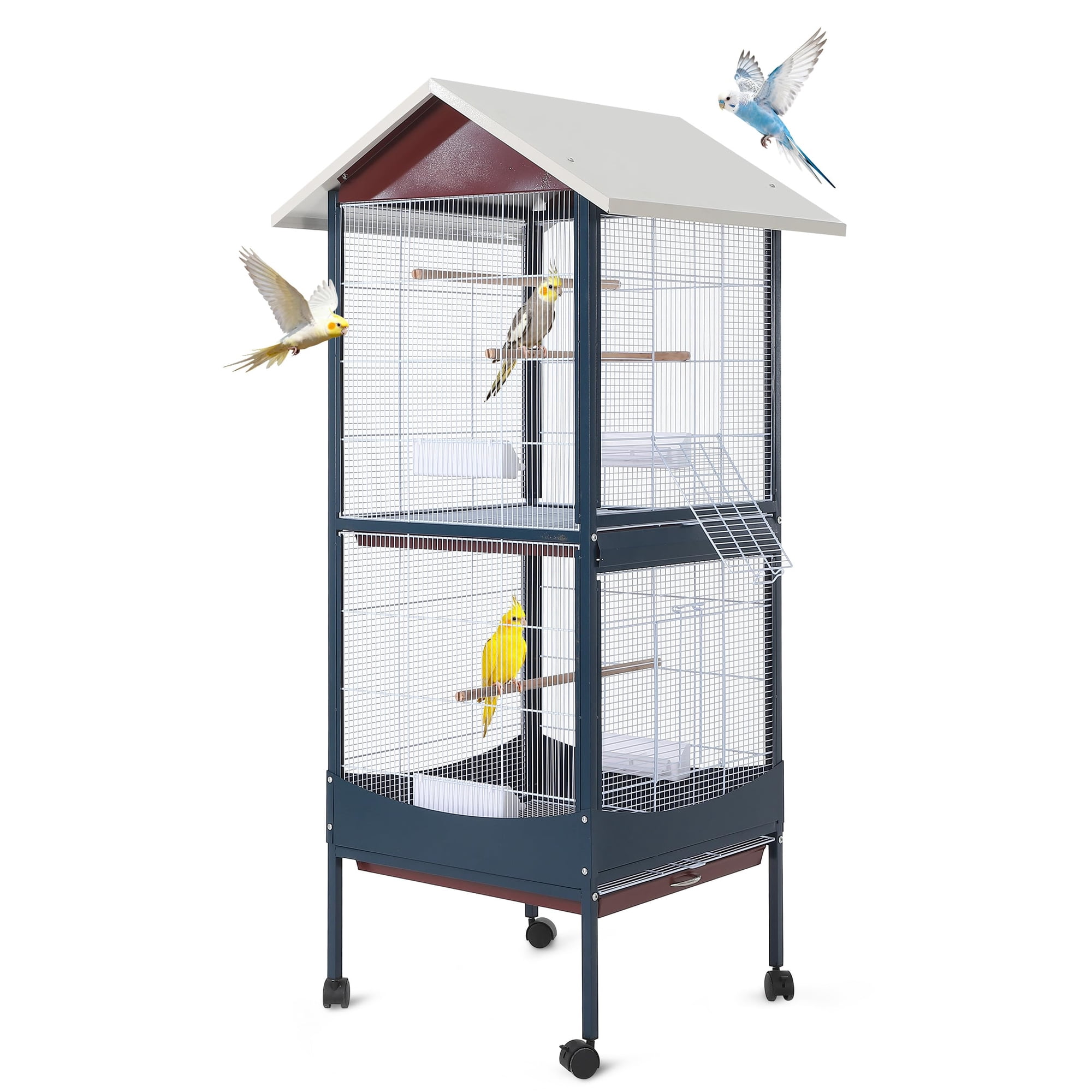 Bird Cage – 66 Inch H Extra Large with Removable Tray, Waterproof Roof, Easy to Clean – Lockable Casters, Indoor and Outdoor – for Conure, Macaw, Budgie, Cockatiel, Lovebirds, Parakeet