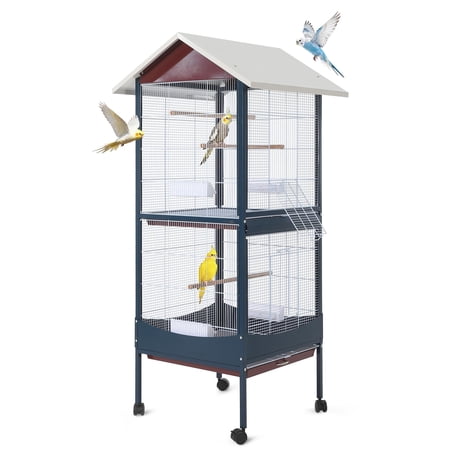 66" Extra Large Bird Cage with Rolling Stand, Metal Parrot Cage Detachable Stand Slide-Out Tray Multi-Door for Parakeet Cockatiel Budgie, Blue White