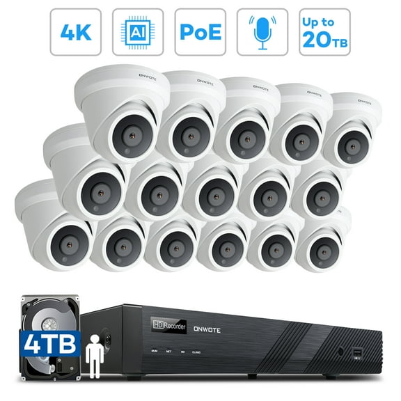 ONWOTE 16 Channel 4K PoE Security Camera System, AI Human Detection, 16Pcs 128° Wide View 8MP Outdoor IP Cameras with Audio, 16CH 4K 8MP NVR with 4TB HDD pre-installed for 24-7 Recording