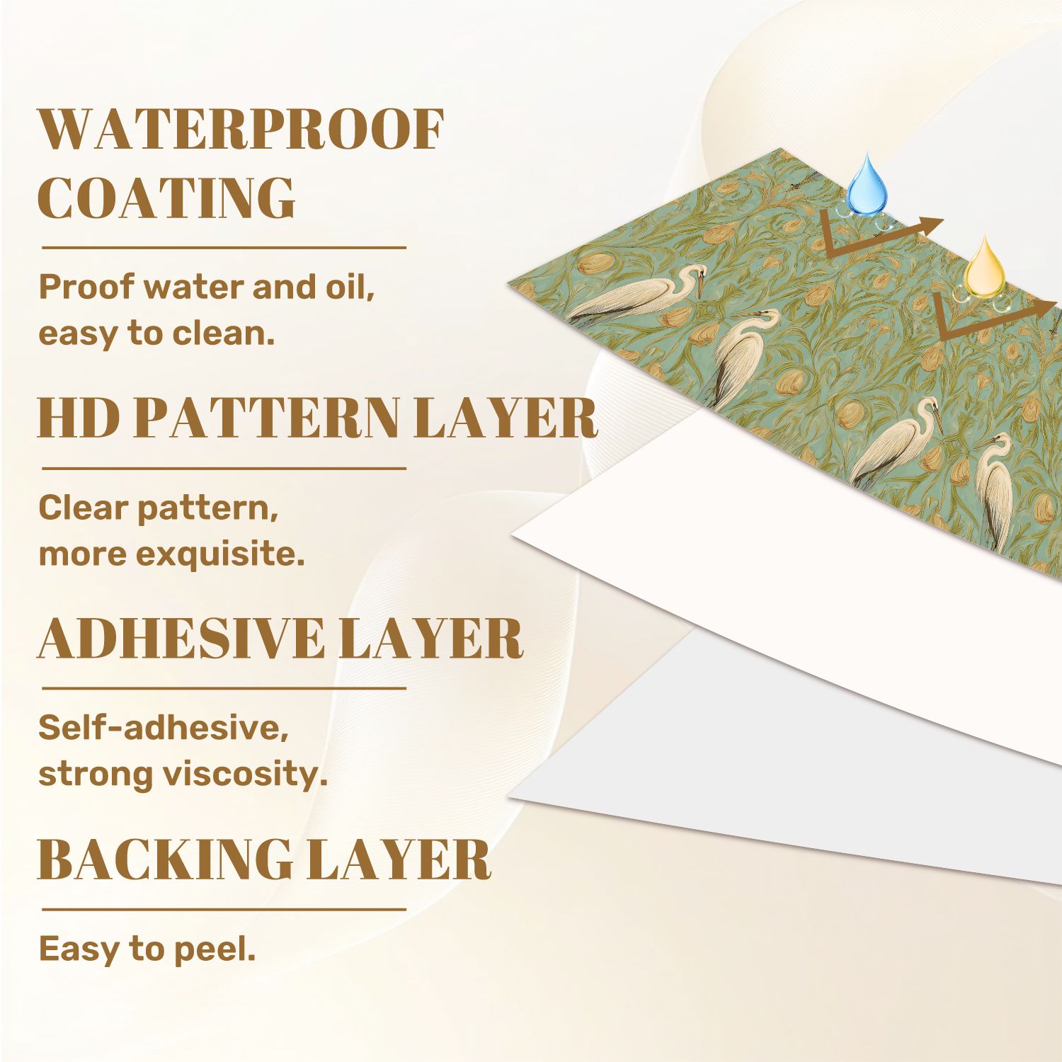 Cranes Peel and Stick Wallpaper 23.6in x 9.8ft Elegant Herons Golden Floral Teal Art Nouveau Style Contact Paper Vinyl Waterproof Self Adhesive Wall Paper for Bedroom Shelf Cabinet Renter Friendly