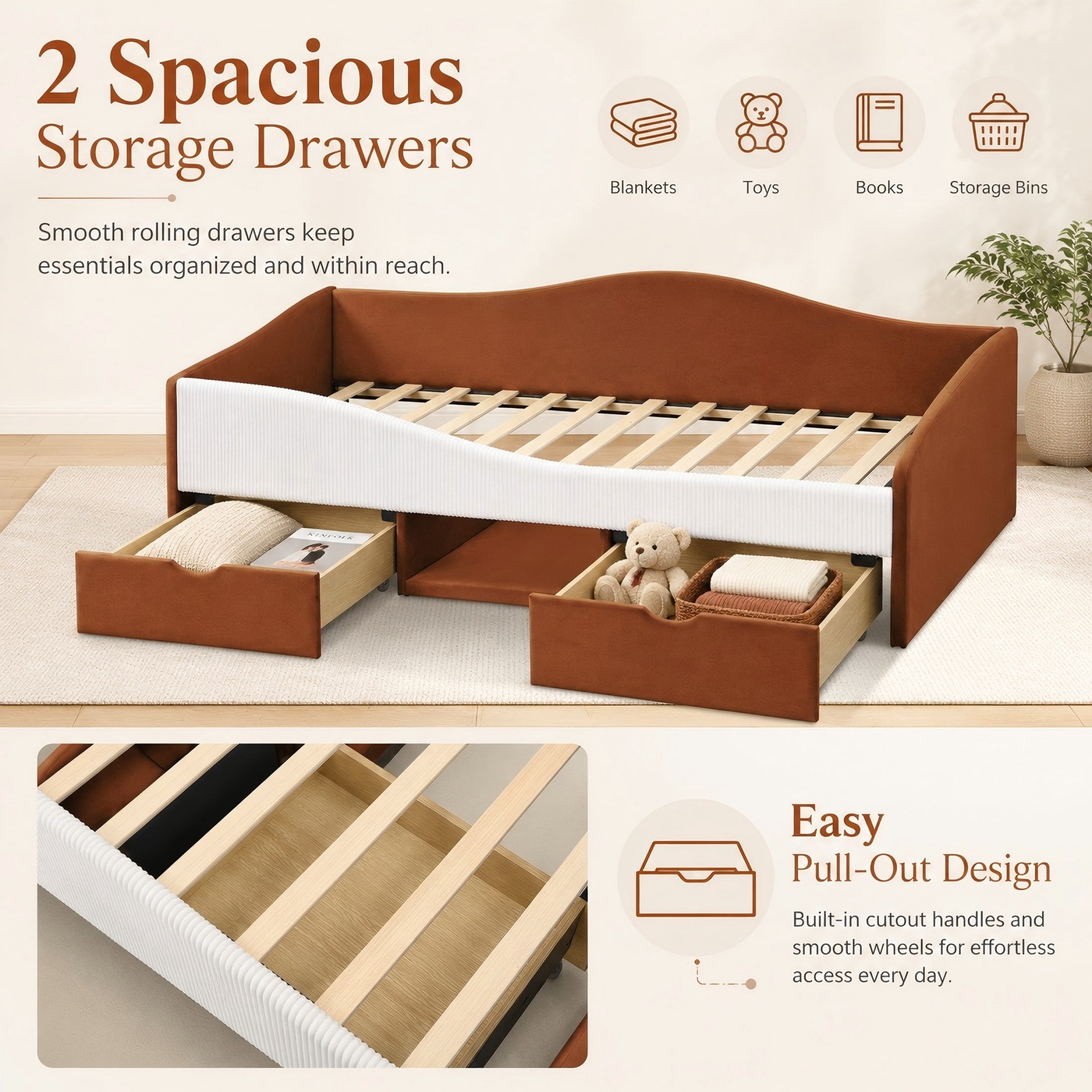 Aukfa Twin Size Upholstered Daybed with 2 Storage Drawers, Shelf and Curved Guardrails, Velvet Bed Frame, Brown
