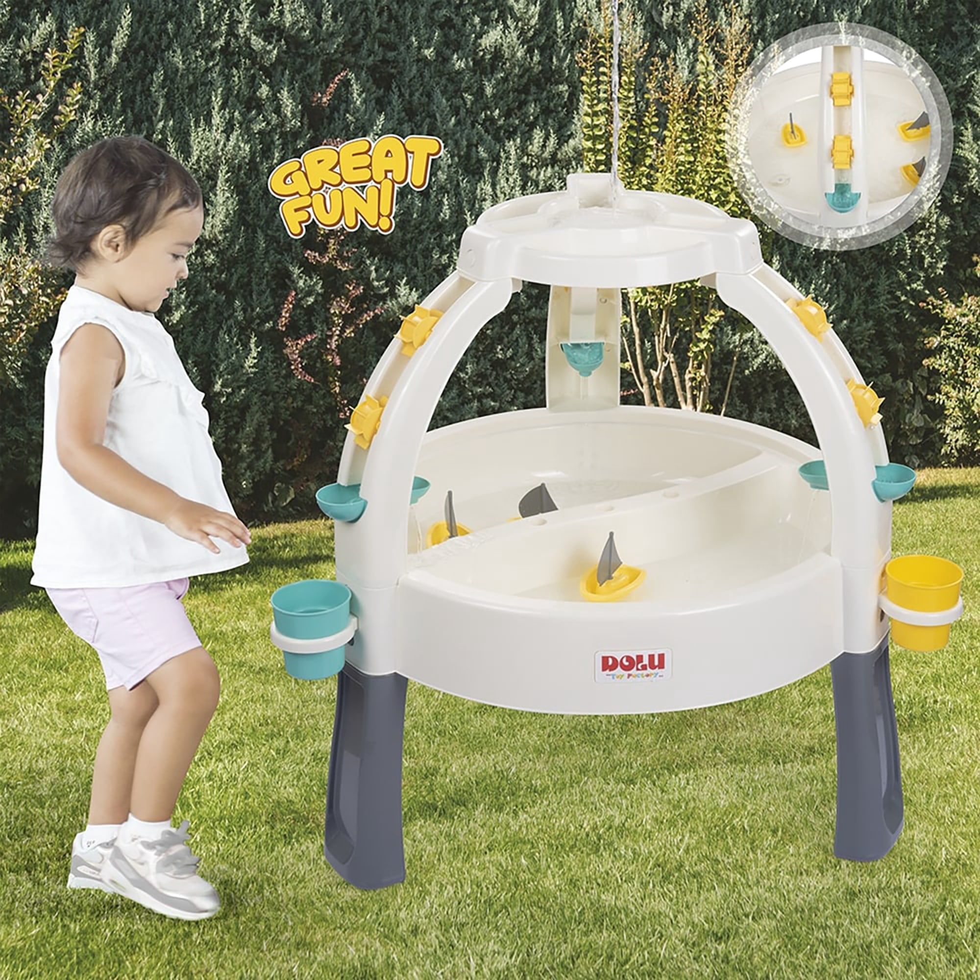 Dolu: Fun Fountain Water Table: White, Green, Yellow - Sand & Water Activity Table, Indoor/Outdoor, Durable Plastic, Sensory Toy, Toddler Kids Ages 2+