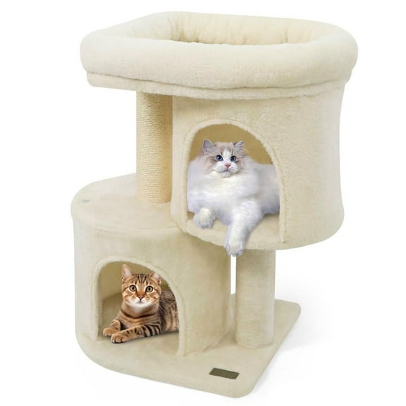Resenkos 26-Inch Compact Cat Tower with Large Padded Perch and Two Condos, Beige