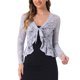thumbnail image 1 of Cárdigan de encaje floral para mujer Inspire Chic con lazo en la parte delantera, dobladillo con volantes, bolero transparente corto, talla XS, gris polvo, 1 of 6