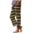 thumbnail image 2 of Women Striped Capris Pant Casual Lightweight Straight Leg Trendy Elastic High Waist Summer Beach Trouser Brown L, 2 of 6