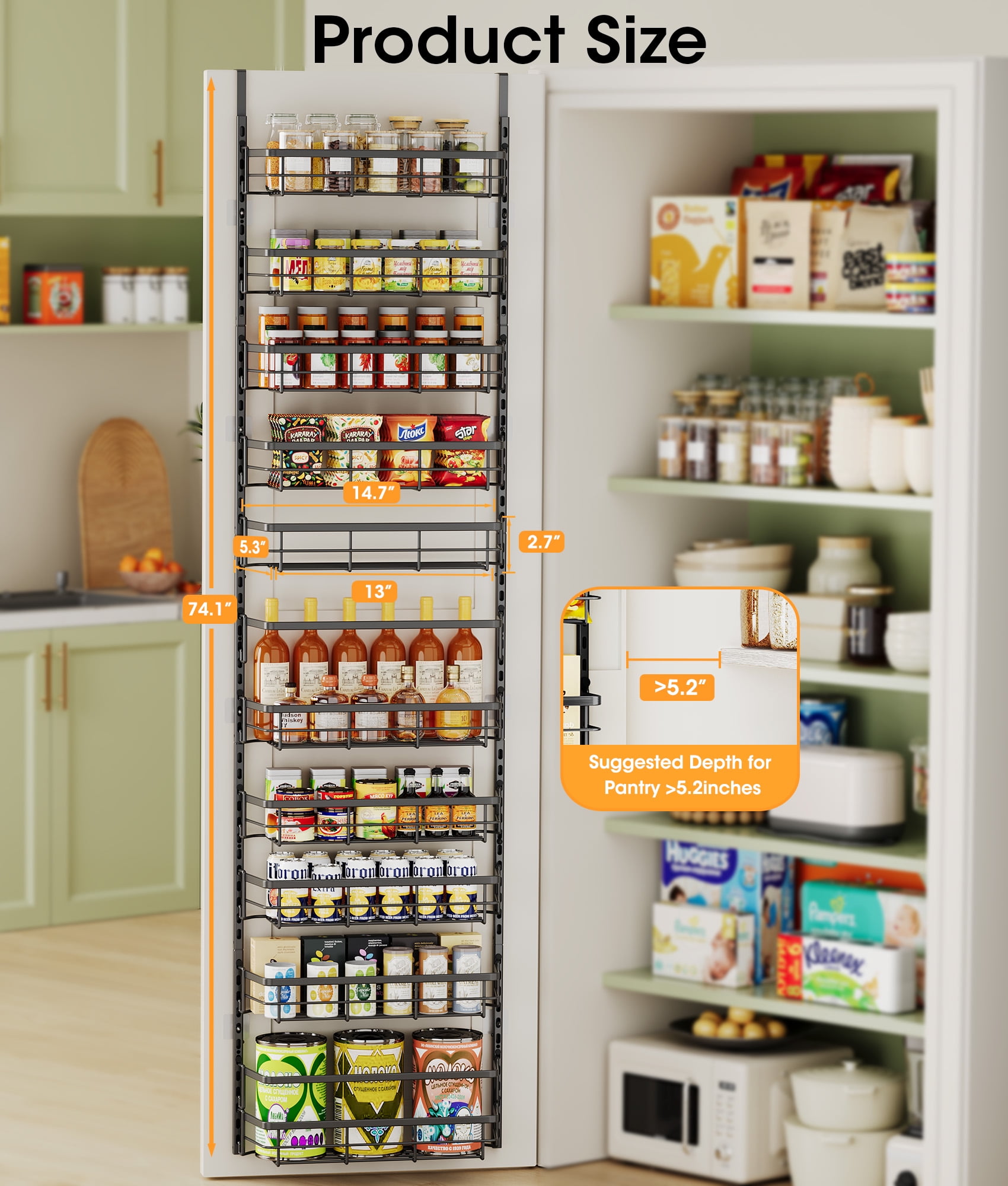 10-Tier Adjustable Over the Door Pantry Organizer with 2 Sets Hooks Fits Most Doors, Hanging Spice Rack for Pantry Door Organizer And Storage, Black