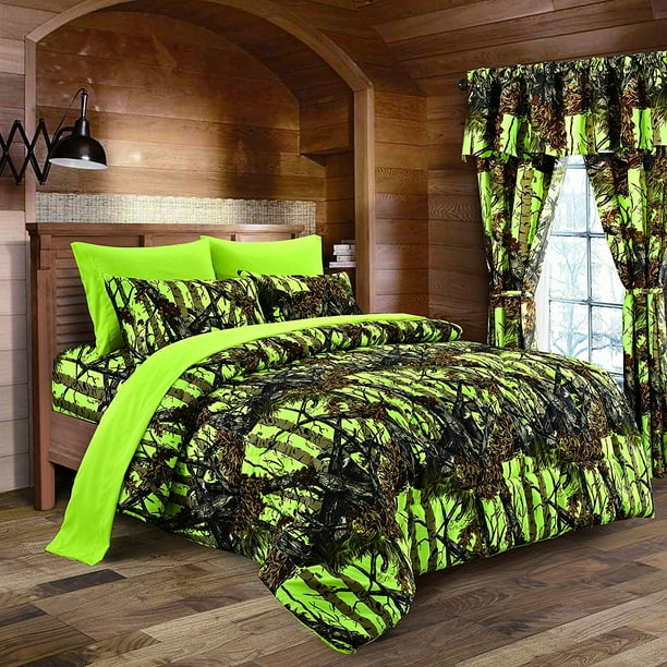 Lime Camouflage Full Size 8pc Comforter, Camo Bedding Sets Full