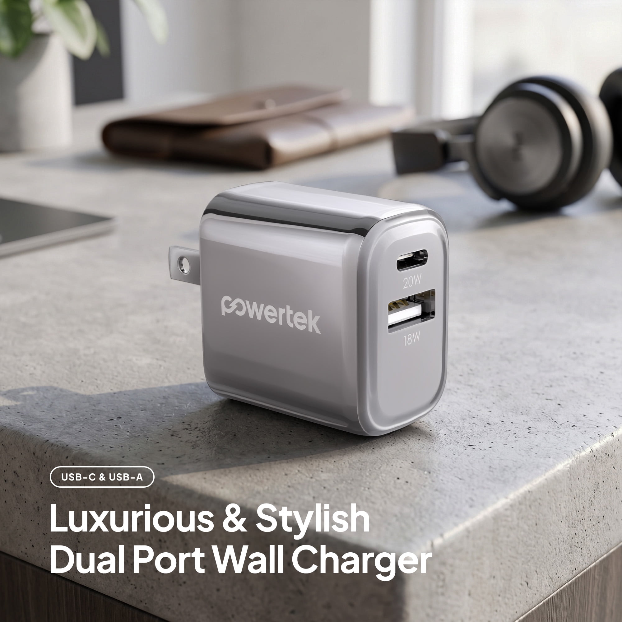 Powertek Luxe 20W USB-C + 18W USB-A Fast Charging Dual Port Block, Silver, Compatible with iPhone, Android, Tablets & USB Devices, Compact Travel Adapter