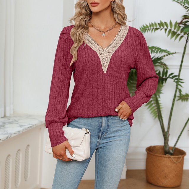 Camiseta Top de manga larga con adornos de encaje, traje diario básico para mujer, corte holgado, informal, Color sólido Cgtredaw Vino rojo T S para Mujer