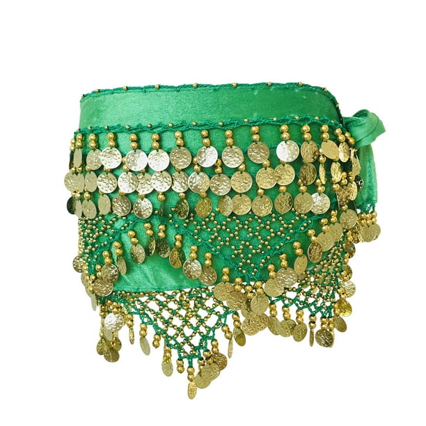 Qarigey Cadena de cintura para danza del vientre, colgante de cinco capas, tres filas, lentejuelas, monedas, cadera, bufanda, Ropa de baile, Prendas para la parte inferior del cuerpo Verde