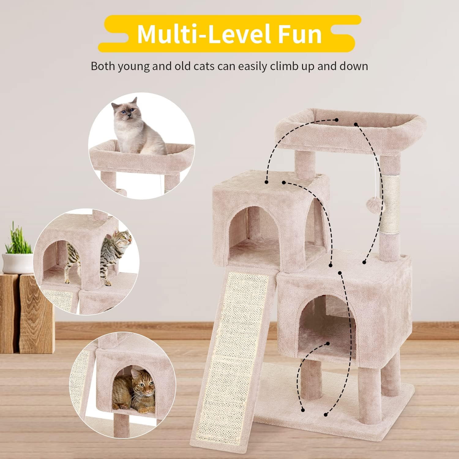 Dkelincs 36 inch Cat Tree Tower with Scratching Post & Dual Condos, Multi-Level Cat Furniture Condo Kittens House with Ramp, Perch & Hanging Ball, Beige