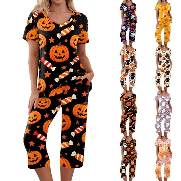 Women's Halloween Lounge Set Short Sleeve Round Neck Top and Capri Pants with Pockets Ghost Print Breathable Soft Pajama Set Casual Sportswear for Daily Wear Black L