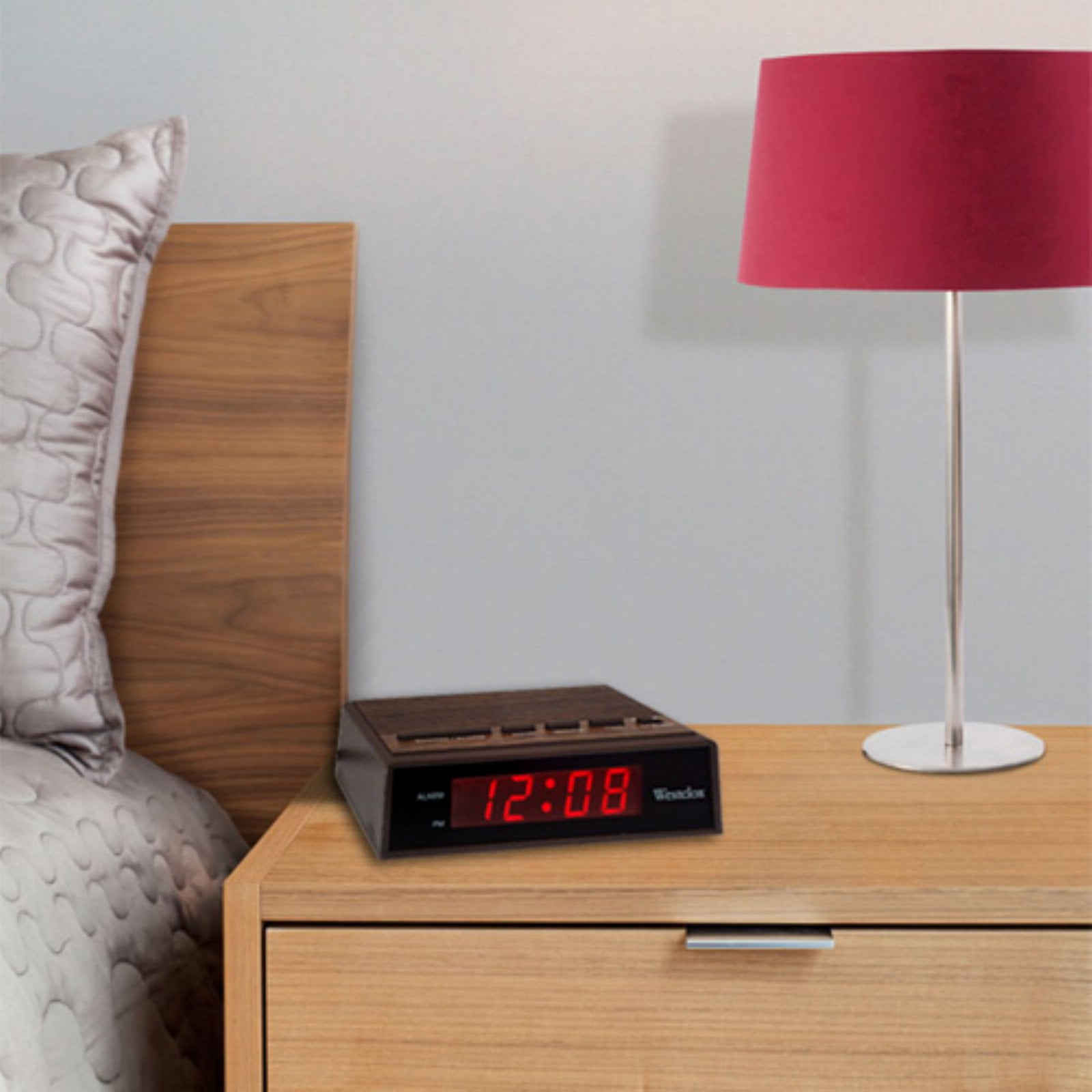 Westclox LED Electric Alarm Clock Retro Wood Grain Appearance Battery Backup 