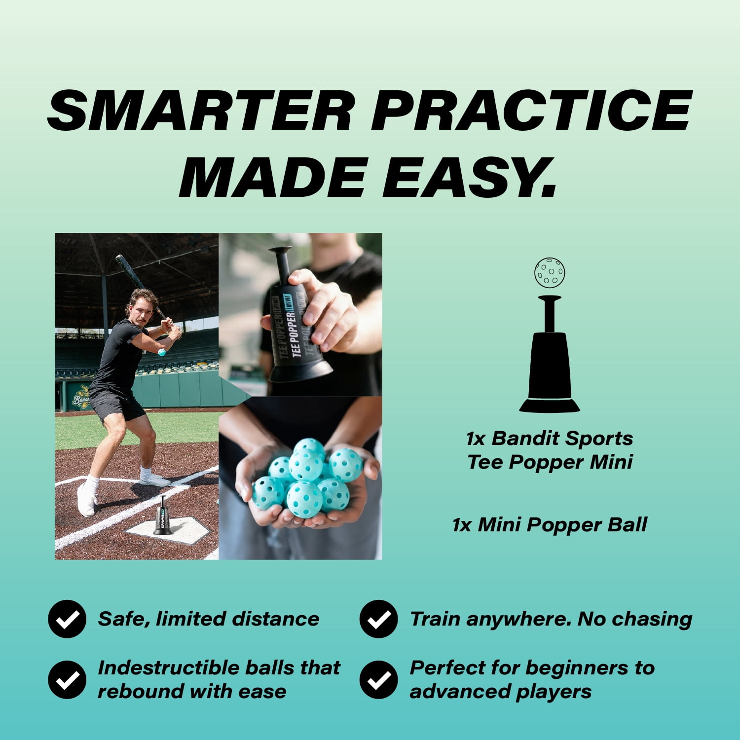 Bandit Sports Mini Tee Popper Baseball Training Ball Launcher, Hands-Free Solo Practice, Includes 1 Mini Popper Ball