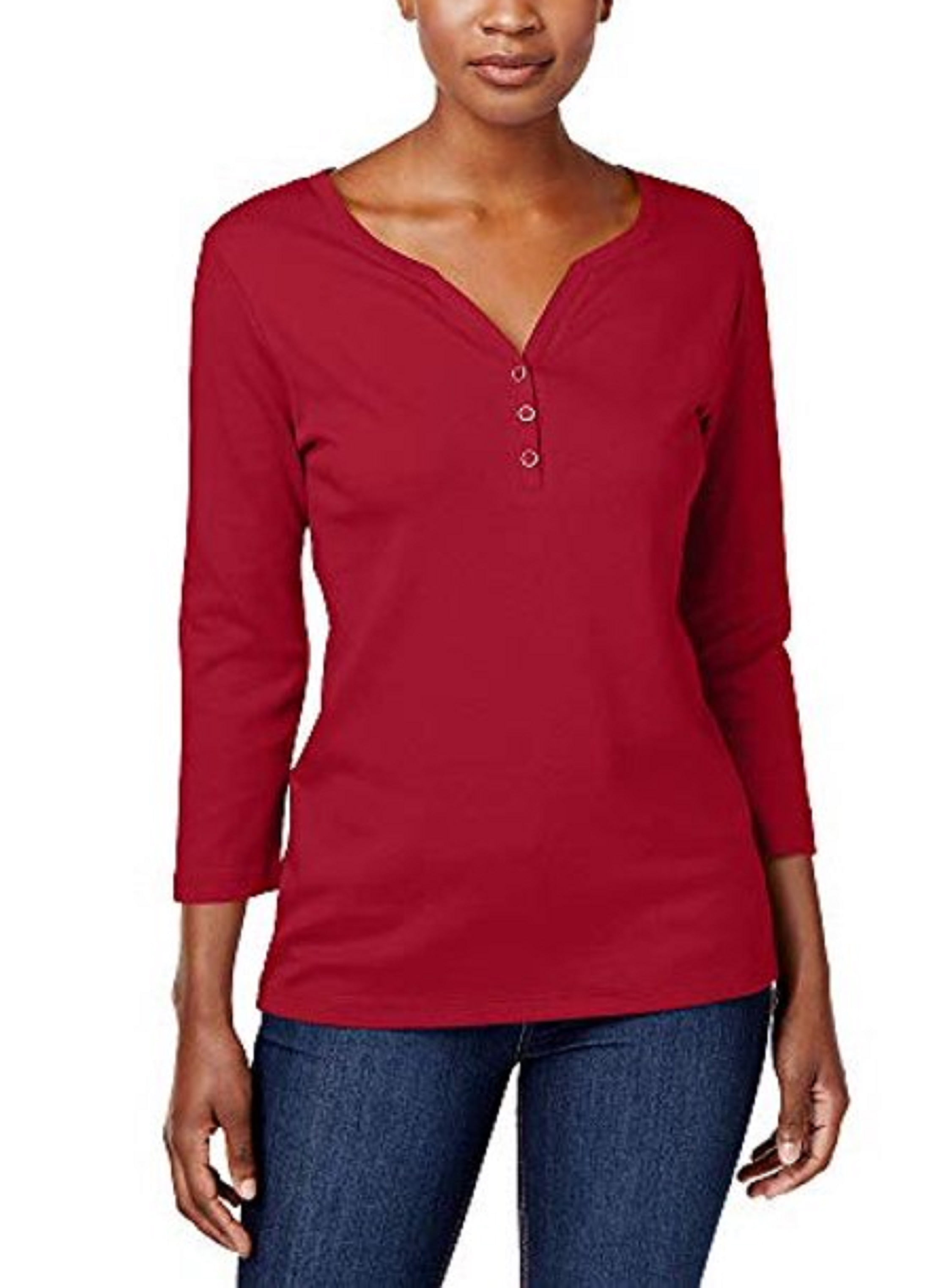 Karen Scott Women's Cotton Henley Shirt Medium Red Size Petite Extra