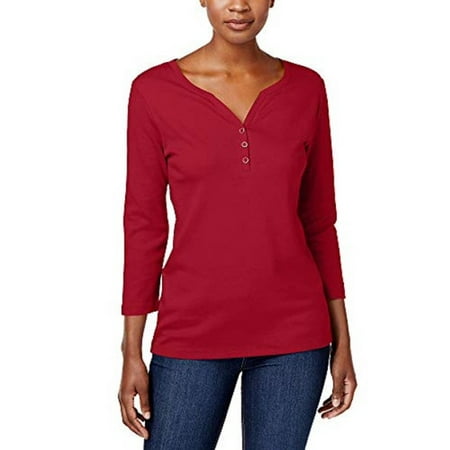 Karen Scott Women's Cotton Henley Shirt Medium Red Size Petite Extra Large