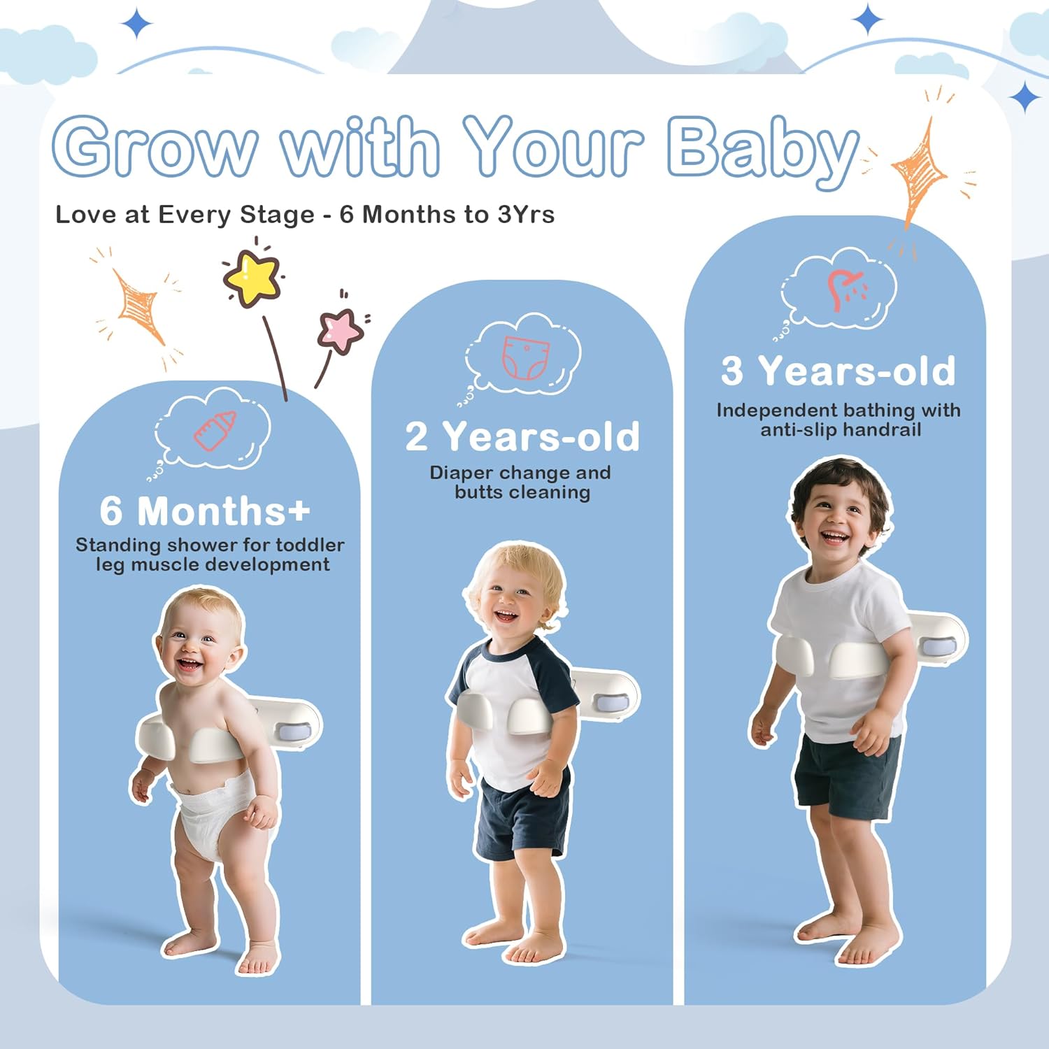 Baby Bath Support Stand - Adjustable Height Wall Mount with Suction Locks, Safe ABS Frame for Infant Tub , Foldable & Secure Seated Support(6-36 Months)