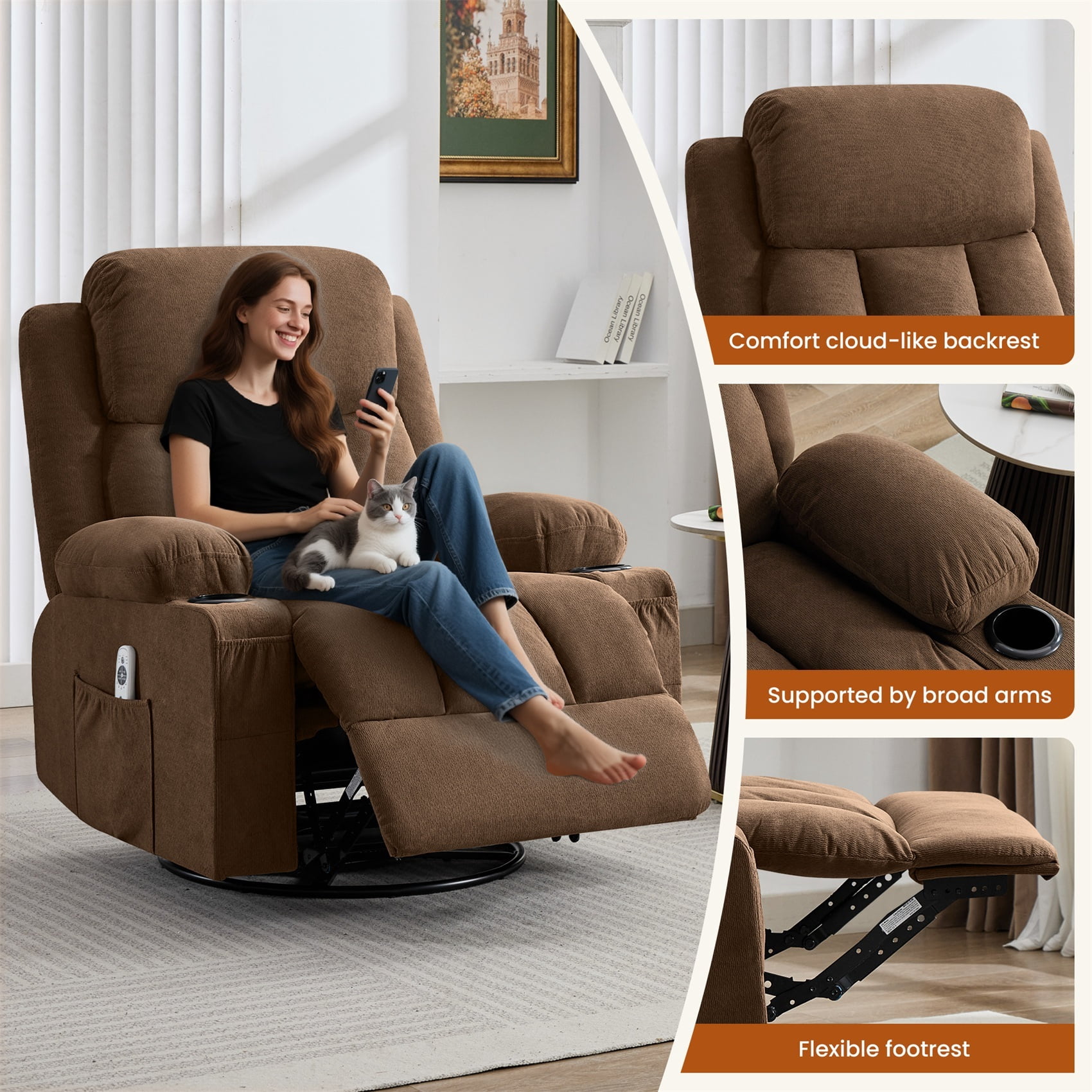Alvantor Swivel Recliner Chair with Massage & Heat for Adults, Single Rocker Sofa with Cup Holders for Bedroom Home Theater Brown