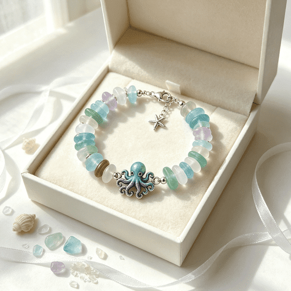 Sea Glass Blessing Bracelet, Hand‑Assorted Sea Glass Beaded Bracelet, Ornate Octopus Pendant, Elegant Inspirational Gift Set for Multiple Gifting Events