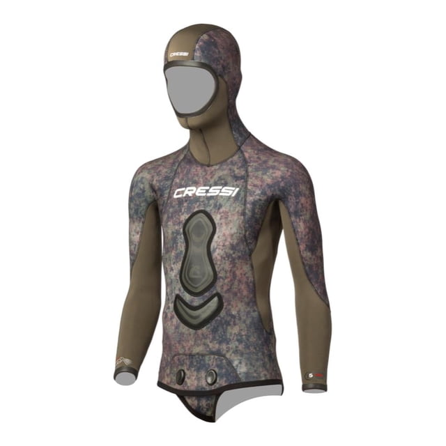Playera para Caballero Cressi Seppia Neopreno de 3.5mm Talla S Gris, chaqueta de neopreno con diseño de camuflaje marino en tonos grises, interior de celda abierta y forro Ultraspan©, cortes sin costuras en torso, espalda y axilas, refuerzos frontales y cierre inferior, ideal para deportes acuáticos y traje de baño, también adecuada para actividades de buceo y snorkel.