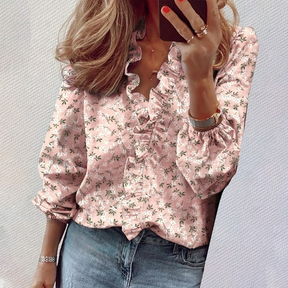 Women's Ruffle Detail Long Sleeve Blouse, Spring Summer New Ruffle Trim Shirt with European American Style, Casual Office Wear and Daily Chic Tops for Season - Pink