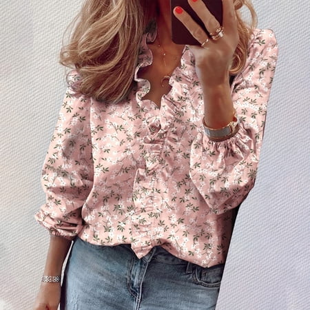Summer Tops for Women Gsakboxl New European Style Long Sleeve Ruffled Shirt Spring Summer Romantic Ruffle Trim Casual Blouse Women'S Tops, Tees & Blouses