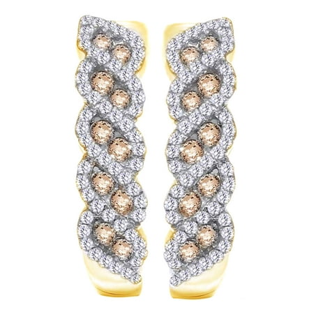 Gold Champagne Diamond Earrings - (0.7 cttw) Round Cut White & Champagne Natural Diamond Fashion Earrings In 14k Yellow Gold