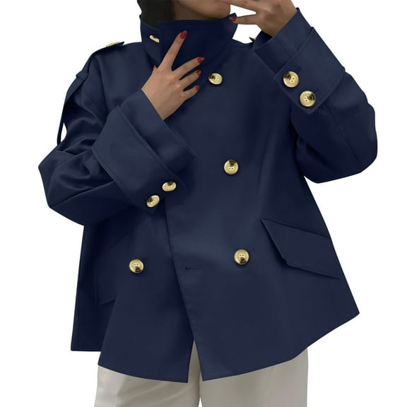 RQYYD Womens Short Trench Coat Oversized Double Breasted Stand Collar Cropped Jacket Fall Casual Work Outerwear