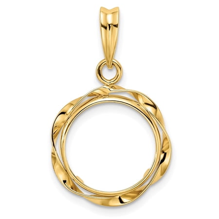 Wideband Distinguished Coin Jewelry 14k Polished Hand Twisted Ribbon 13.0mm Prong Coin Bezel Pendant