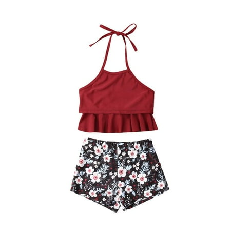 Family Matching Mother Girl Bikini Set Halter Floral Ruffle High Waisted Swimwear Bathing Suit