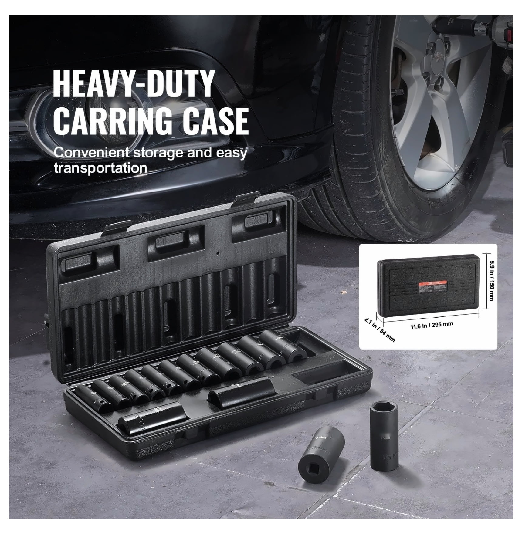 Impact Socket Set 15pcs 3/8 Drive - 6-Point Bit Ratchet Tool Kit - Automotive Repair - Cr-Mo Steel